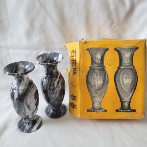 Vintage Marble Artcraft Set of 2 Black Marble Vases made in Taiwan
